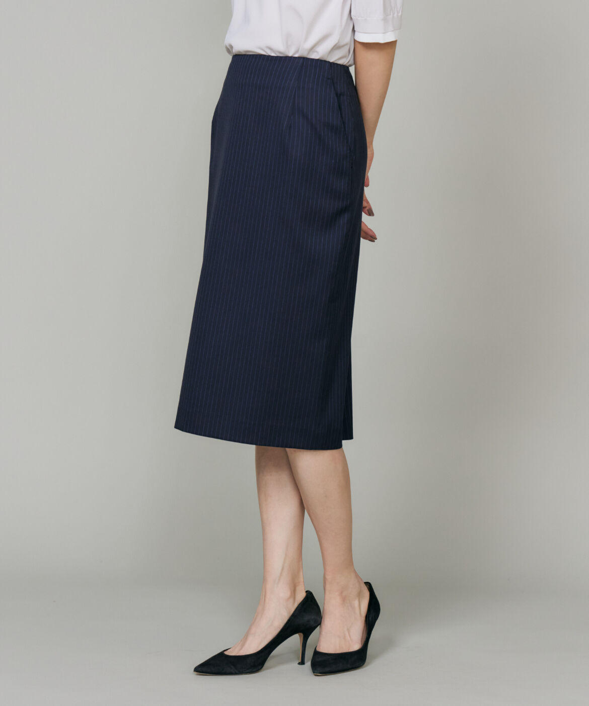 INED「《大きいサイズ》シルクウールストライプペンシルスカート」|タイト|