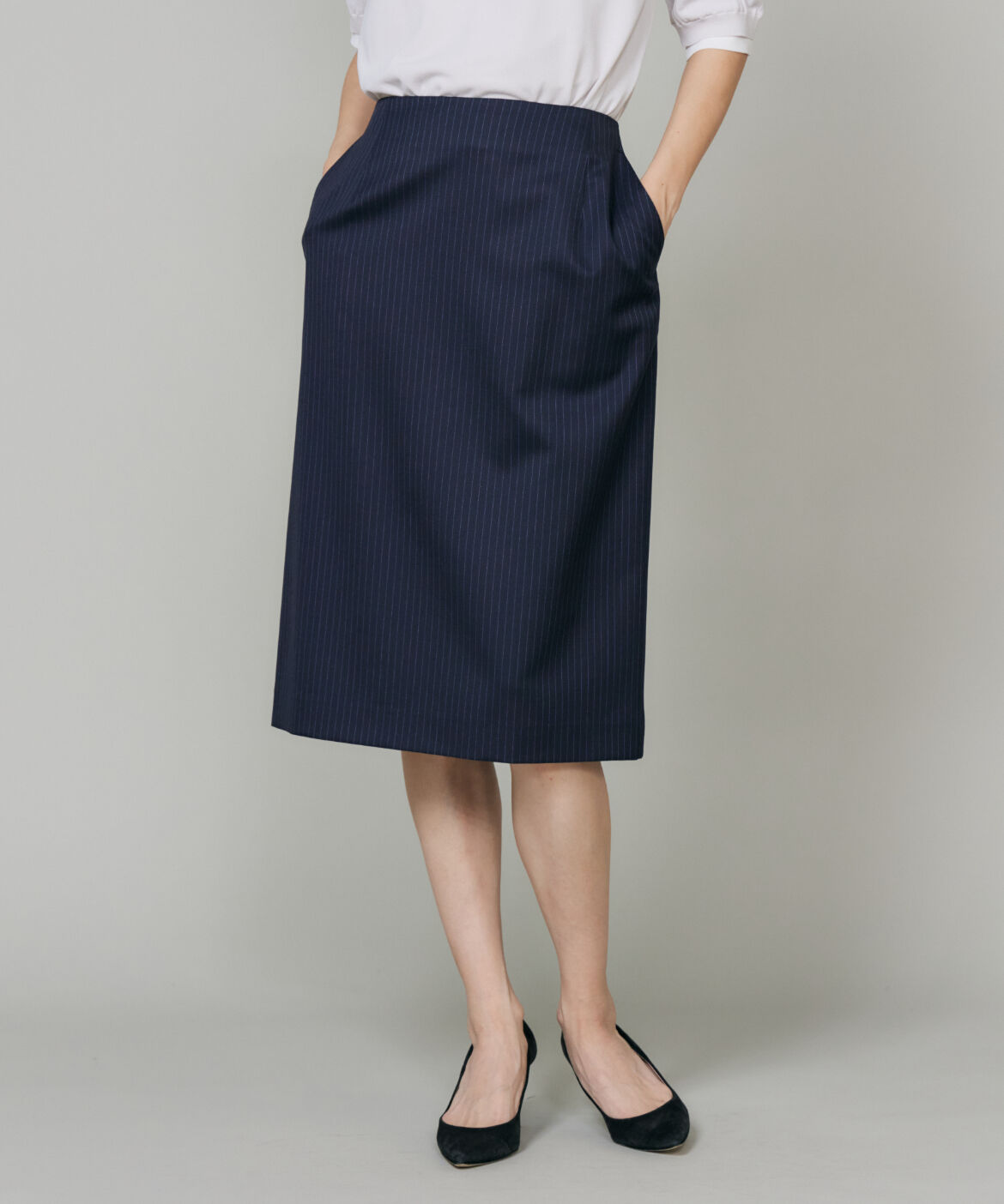 INED「《大きいサイズ》シルクウールストライプペンシルスカート」|タイト|