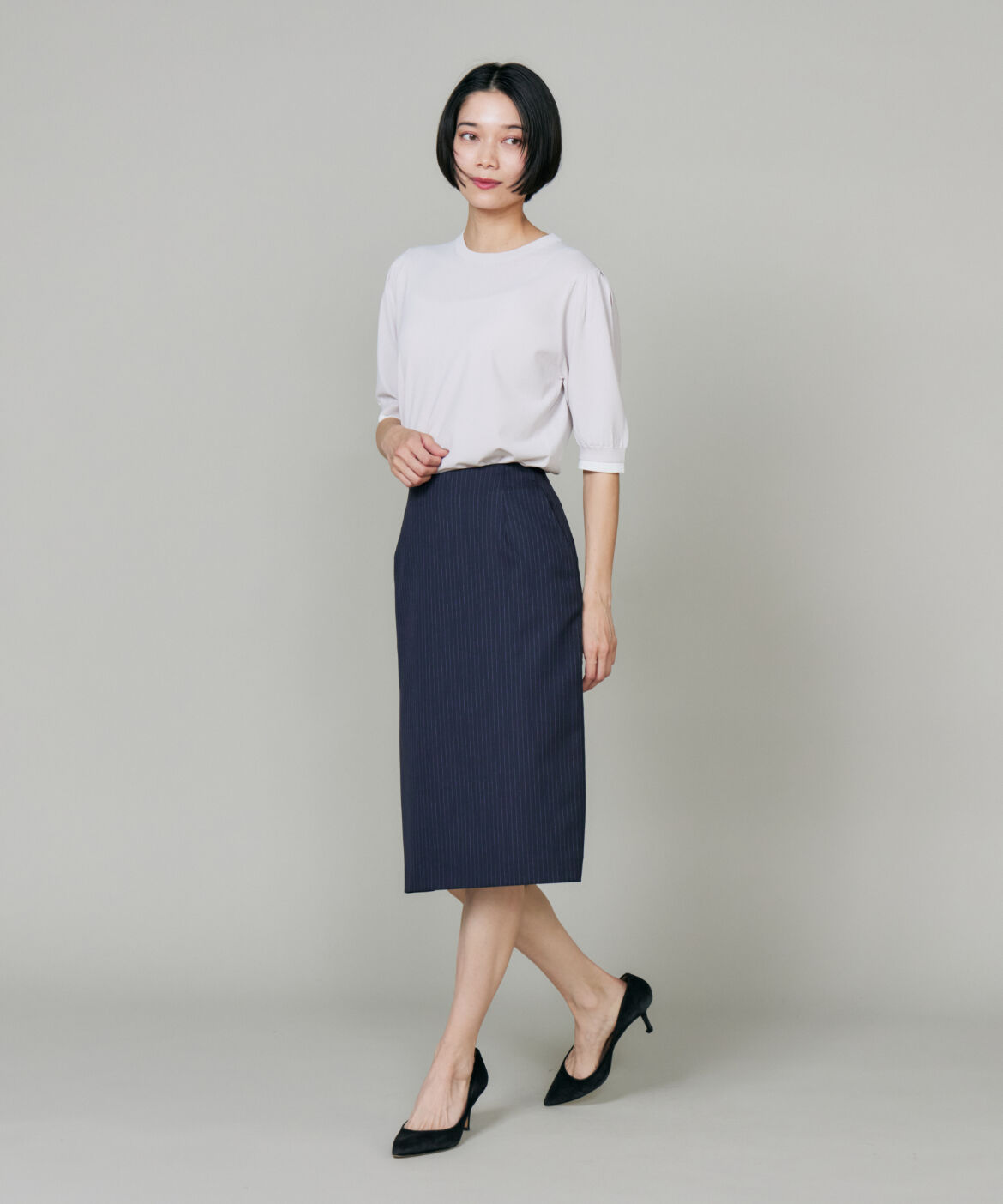INED「《大きいサイズ》シルクウールストライプペンシルスカート」|タイト|