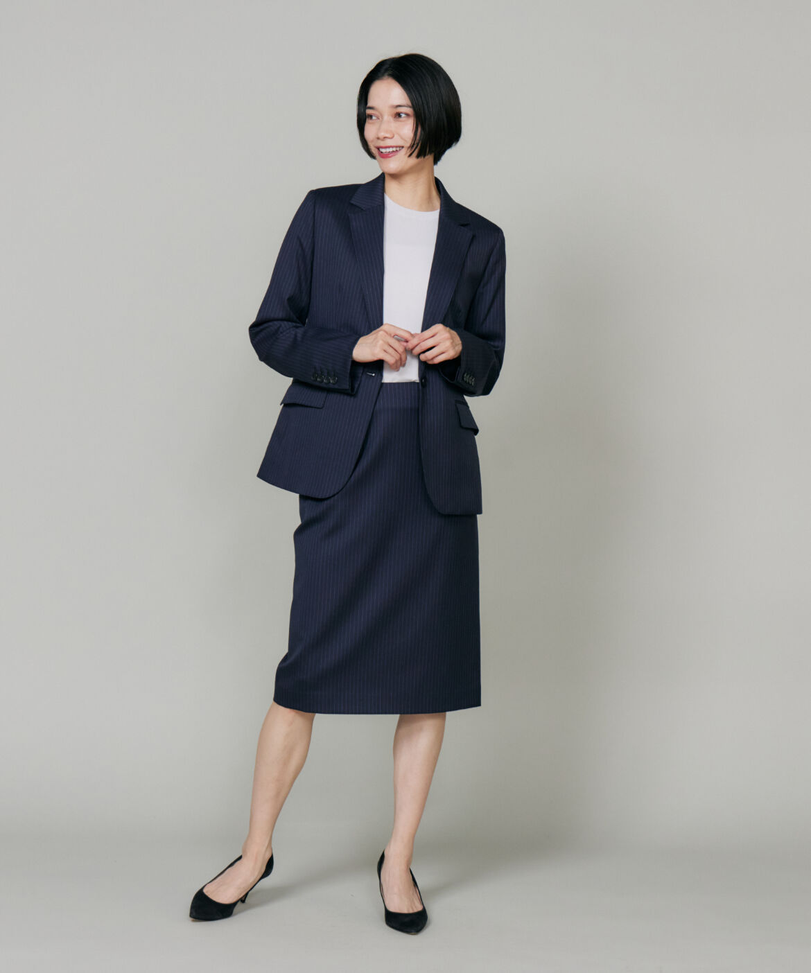 INED「《大きいサイズ》シルクウールストライプペンシルスカート」|タイト|