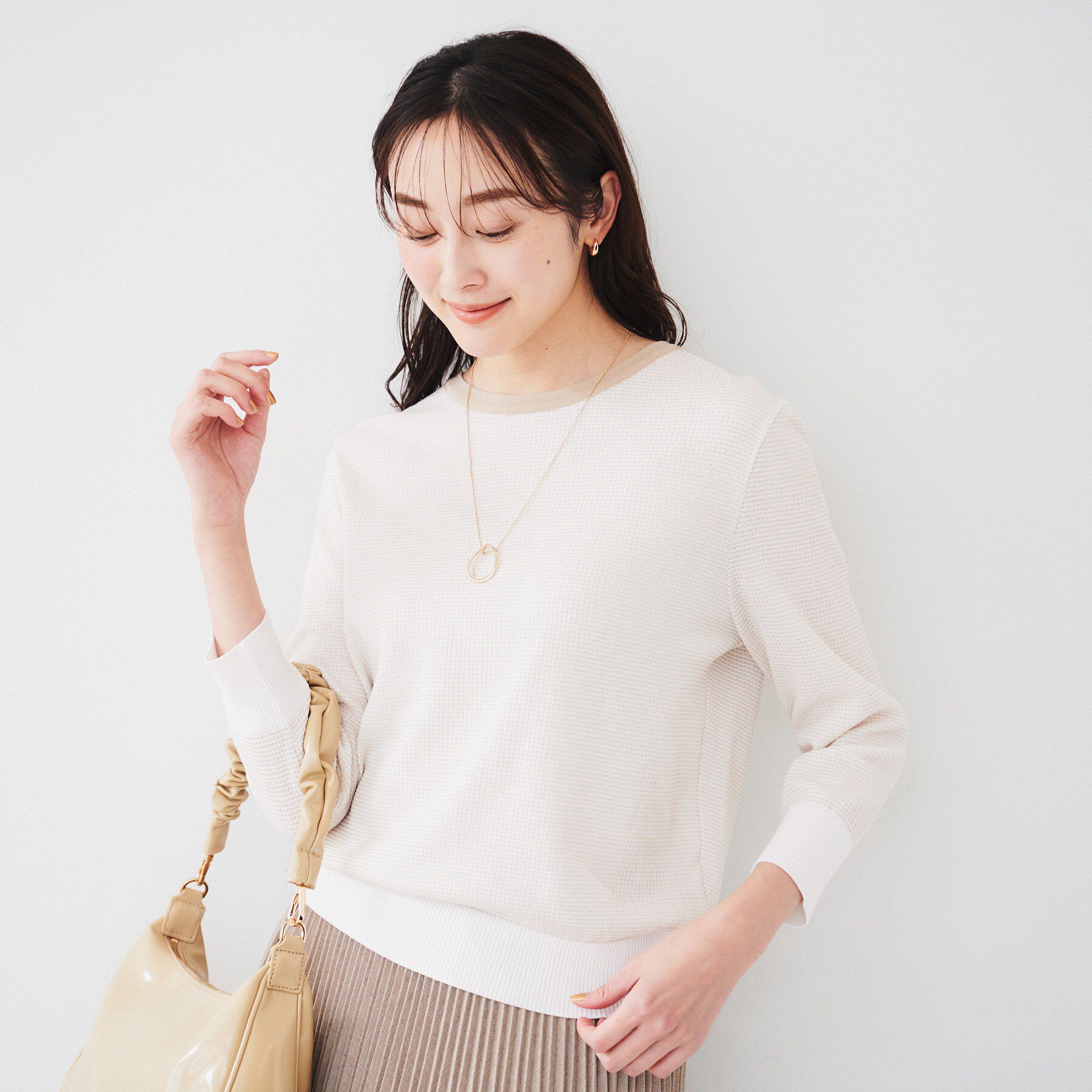 UNTITLED「【配色カラー/アンサンブル可能】きれいめ七分袖ニット」|ニット・セーター|ライトベージュ(55