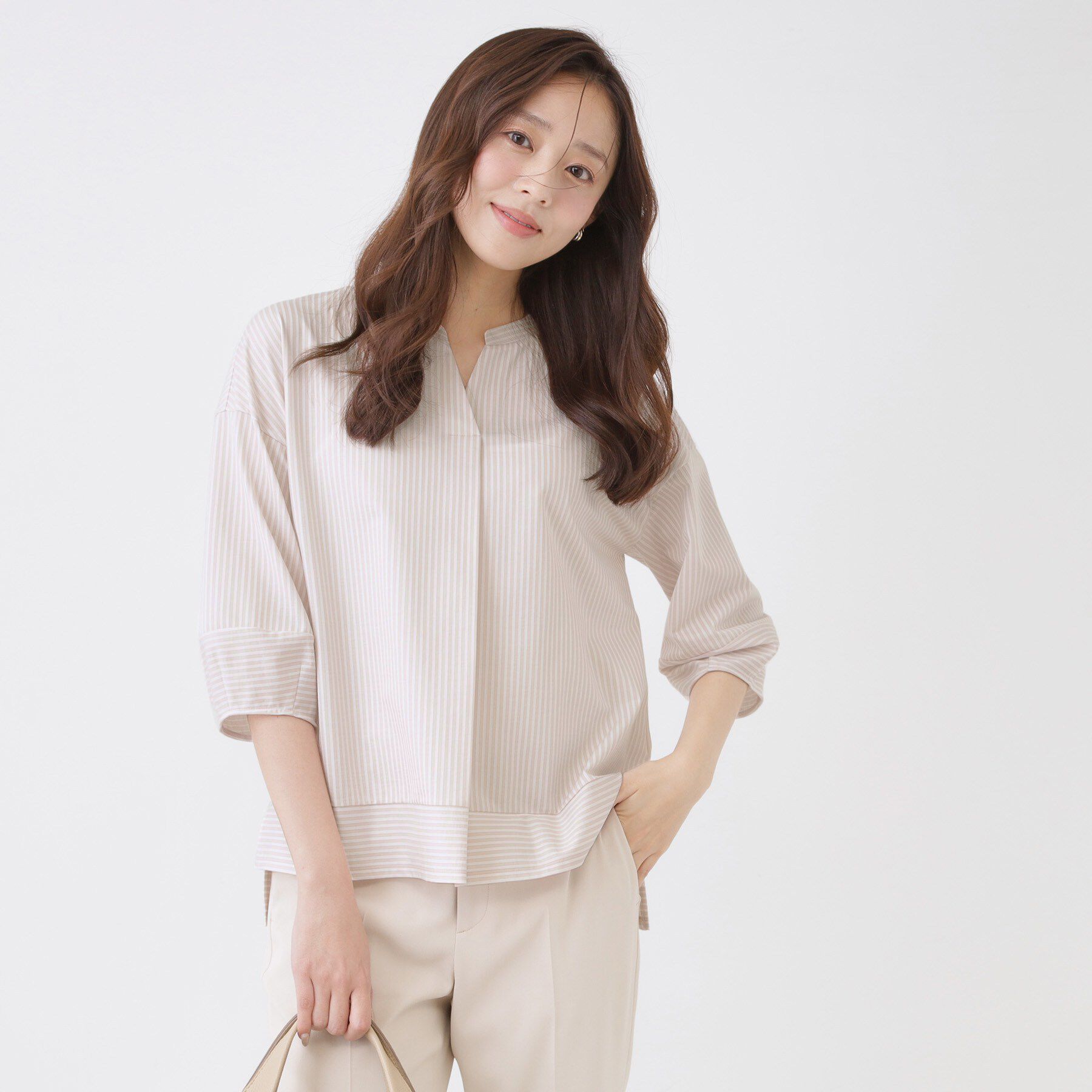 COUP DE CHANCE「【手洗い可／日本製】ストライプ柄ジャージートップス」|Tシャツ・カットソー|グレージュ(350)