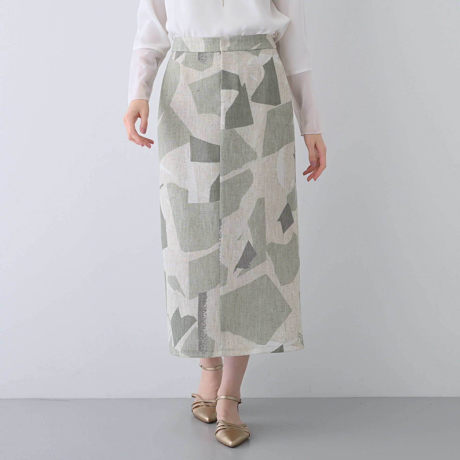 INDIVI「【洗える】リネンライク ブロッキングプリントスカート」|スカート|グレージュ(150)
