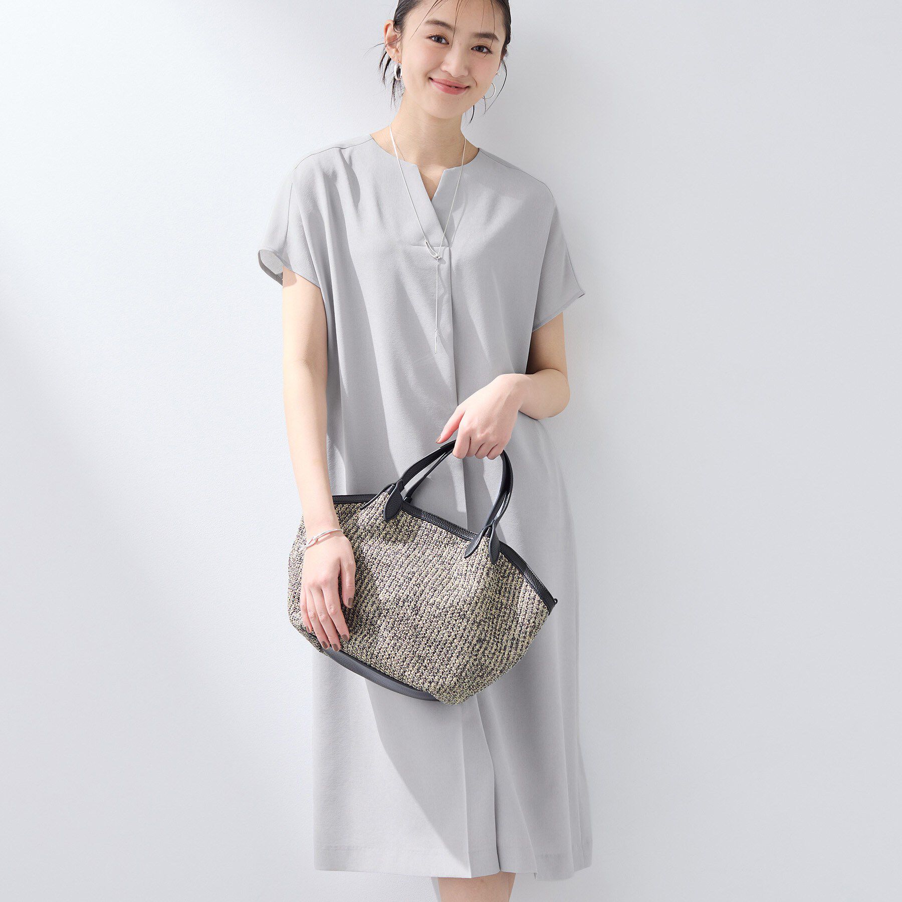 INDIVI「【洗える／UVケア／麻調】スキッパーワンピース」|ワンピース|ライトグレー(011