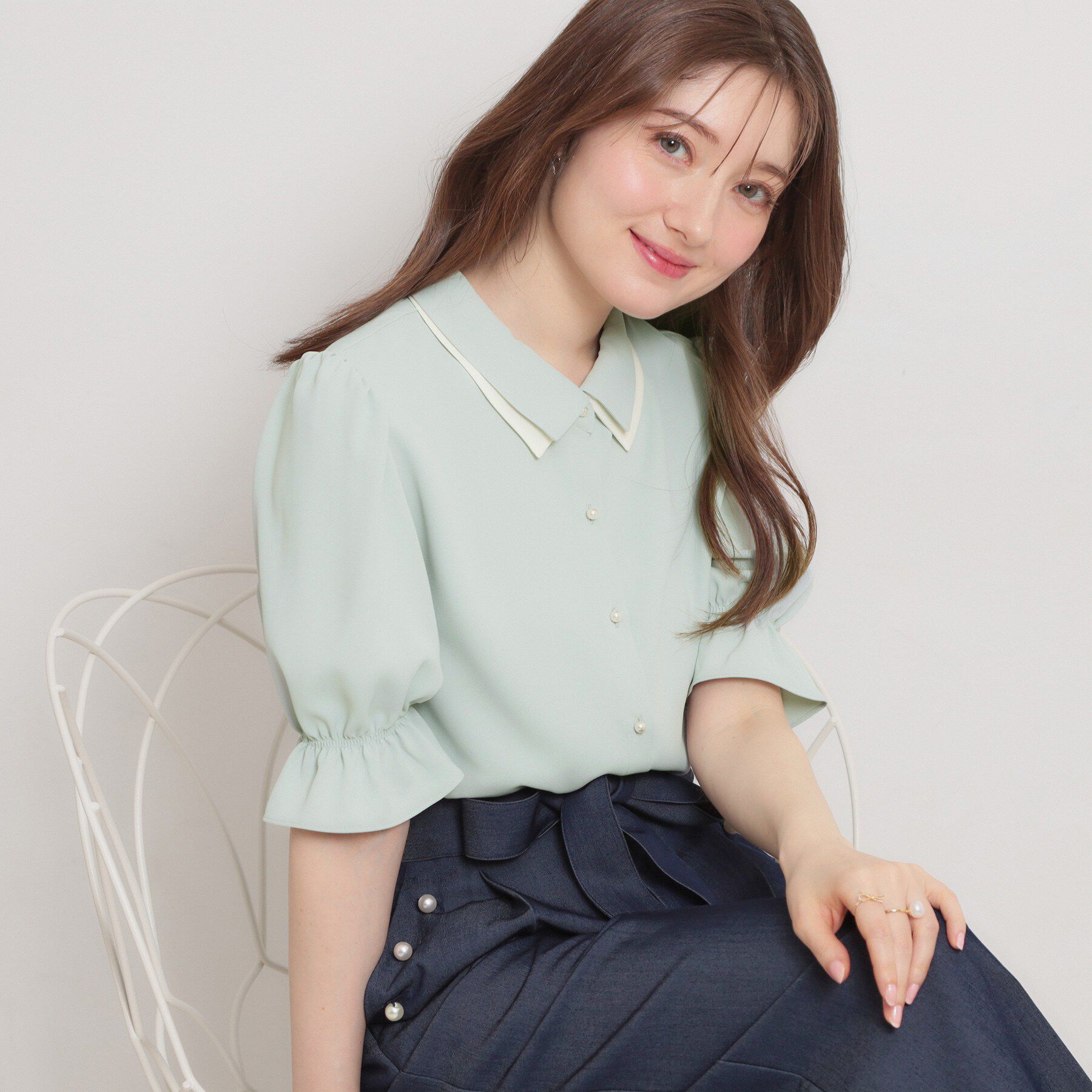 Couture broach「【通勤】ダブルカラー ブラウス」|シャツ・ブラウス|ミントグリーン(02