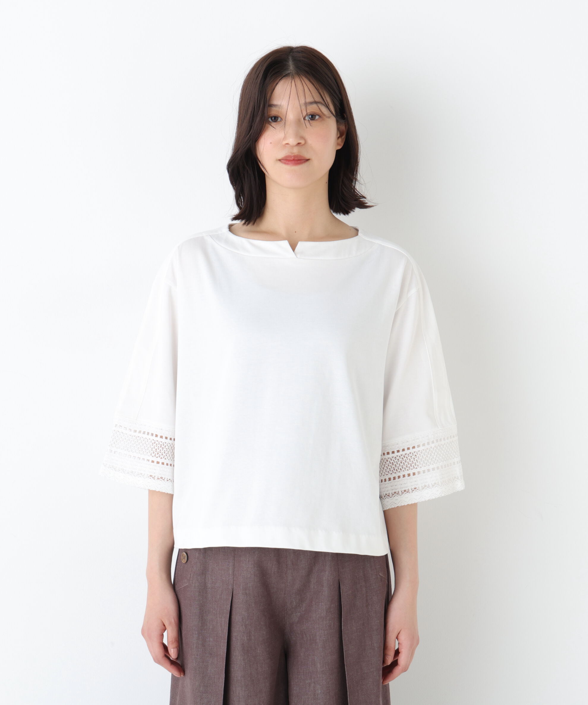  「◆袖レース強撚糸ＴＯＰＳ」|Tシャツ・カットソー|