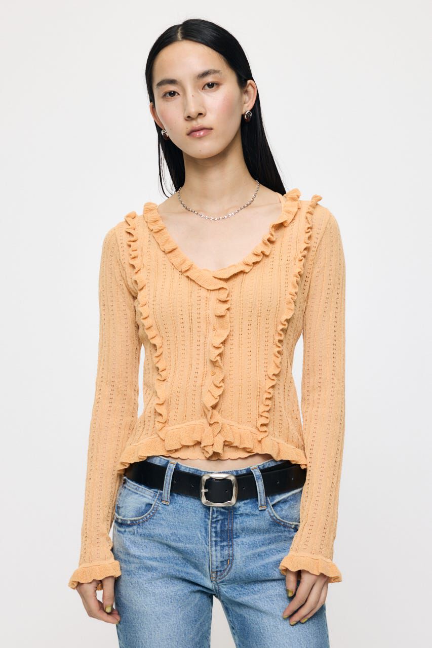 MOUSSY「POINTELLE RUFFLE カーディガン＆キャミソール」|ニット・セーター|L/YEL1
