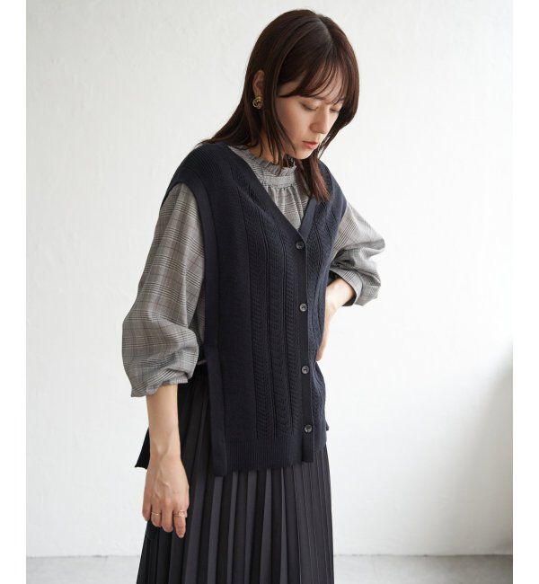 ikka「綿混サイドリボンニットベスト」|ニット・セーター|ネイビーブルー