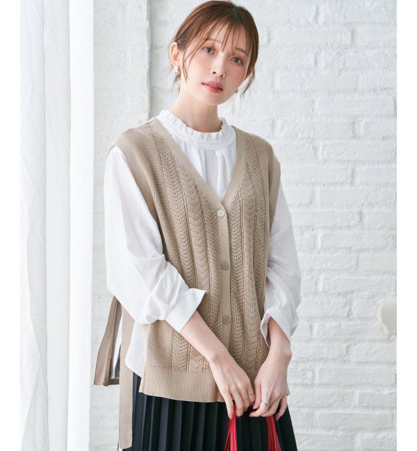 ikka「綿混サイドリボンニットベスト」|ニット・セーター|ベージュ
