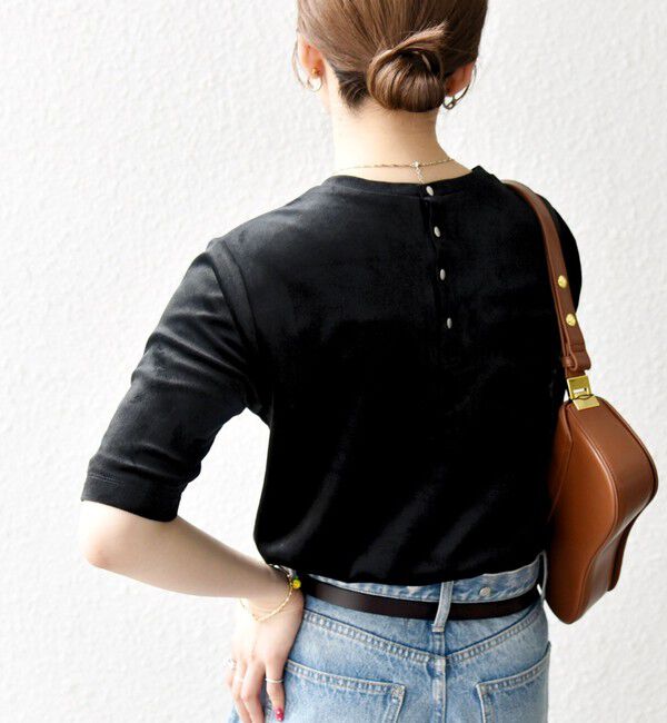 SHIPS any「SHIPS any:〈洗濯機可能〉ポリエステル ベロア ハーフスリーブ コンパクト TEE」|Tシャツ・カットソー|ブラック