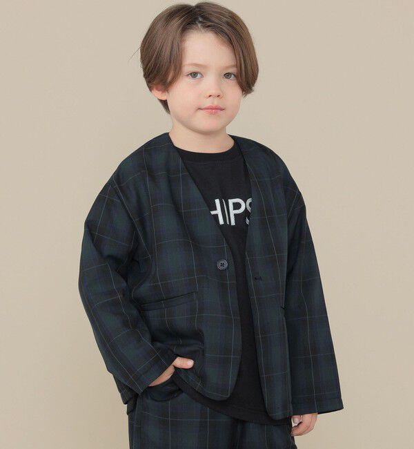 SHIPS KIDS「SHIPS KIDS:100～130cm /セレモニー チェック ノーカラー ジャケット」|ノーカラージャケット|ネイビー