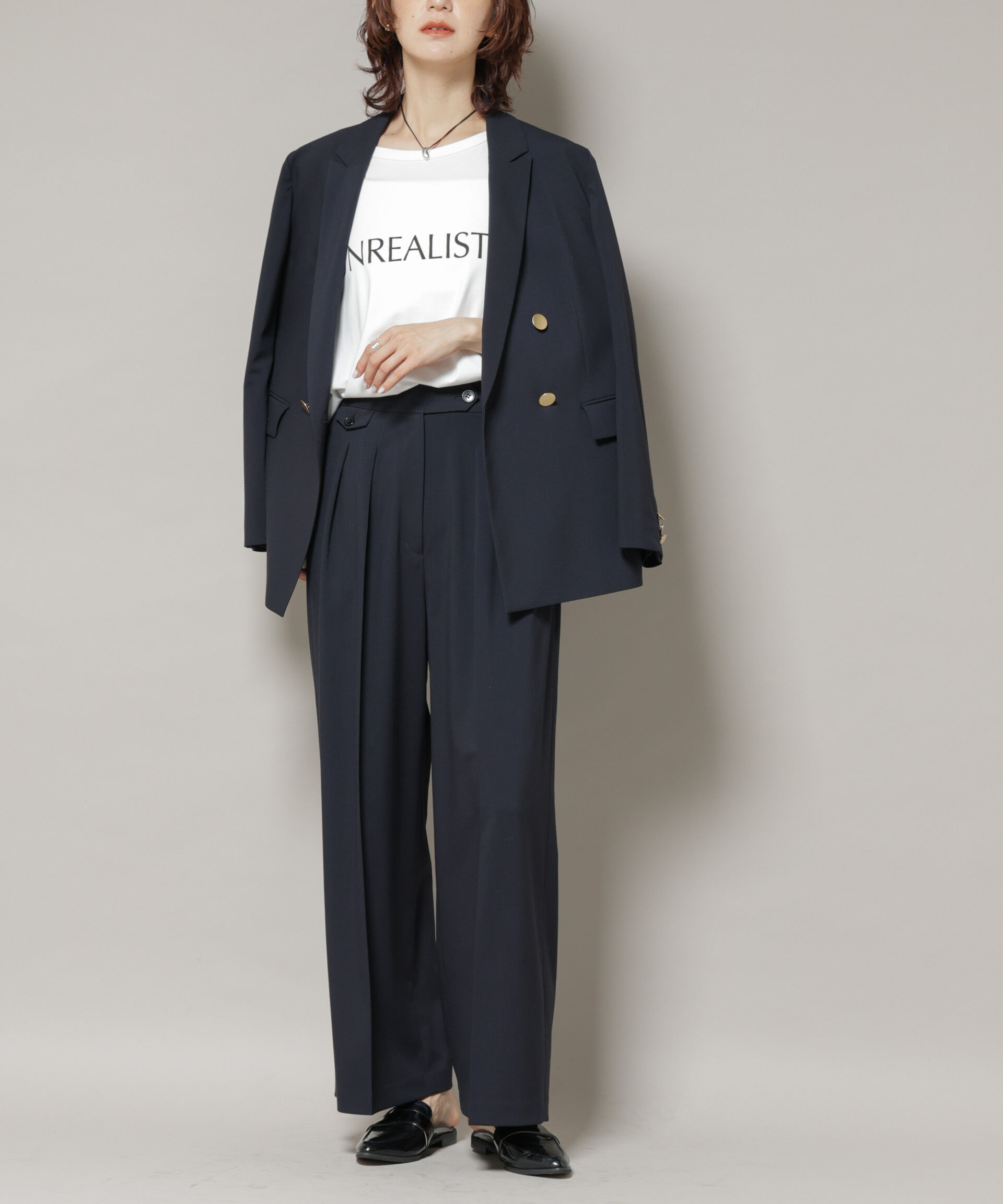 nano･universe「ドライウェザーストレッチ2タックワイドパンツ(セットアップ可)」|チノ|ネイビー