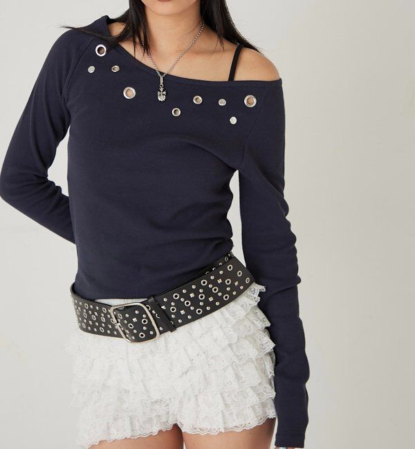  「アイレットオフショルトップス」|Tシャツ・カットソー|ネイビー