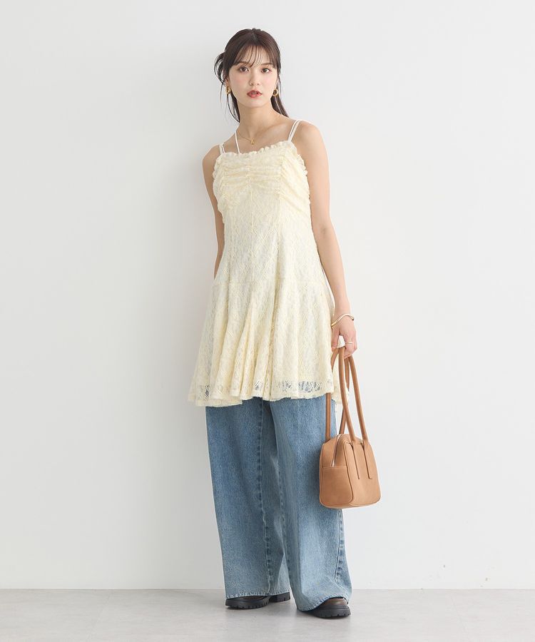 earth music&ecology「フロントギャザー起毛レースミニワンピース」|ワンピース|