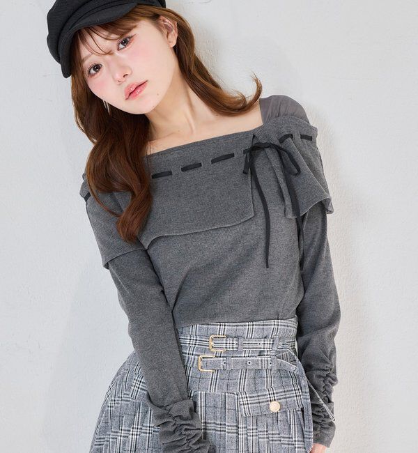  「配色リボンオフショルトップス」|プルオーバー|