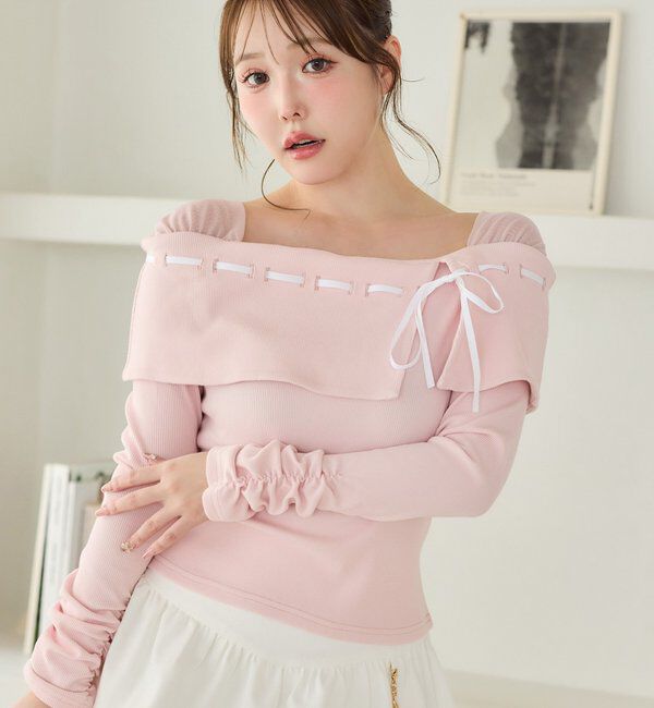  「配色リボンオフショルトップス」|プルオーバー|ピンク
