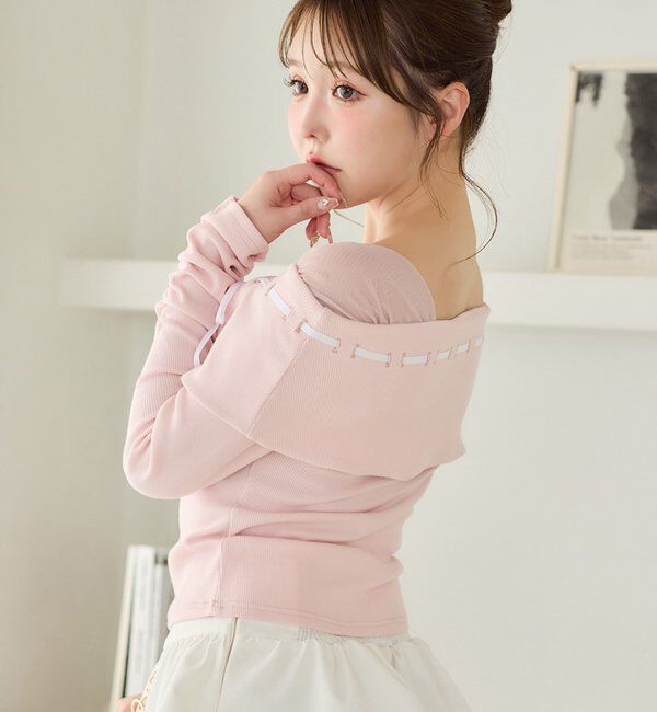  「配色リボンオフショルトップス」|プルオーバー|