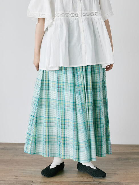 Samansa Mos2「インドボイルチェック柄ギャザースカート」|スカート|グリーン