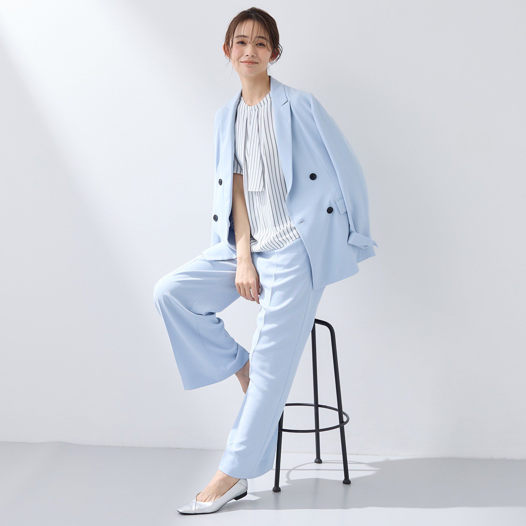 INDIVI「【洗える／UVケア】ストライプ柄＆無地 ボウタイ風 半袖ブラウス」|シャツ・ブラウス|