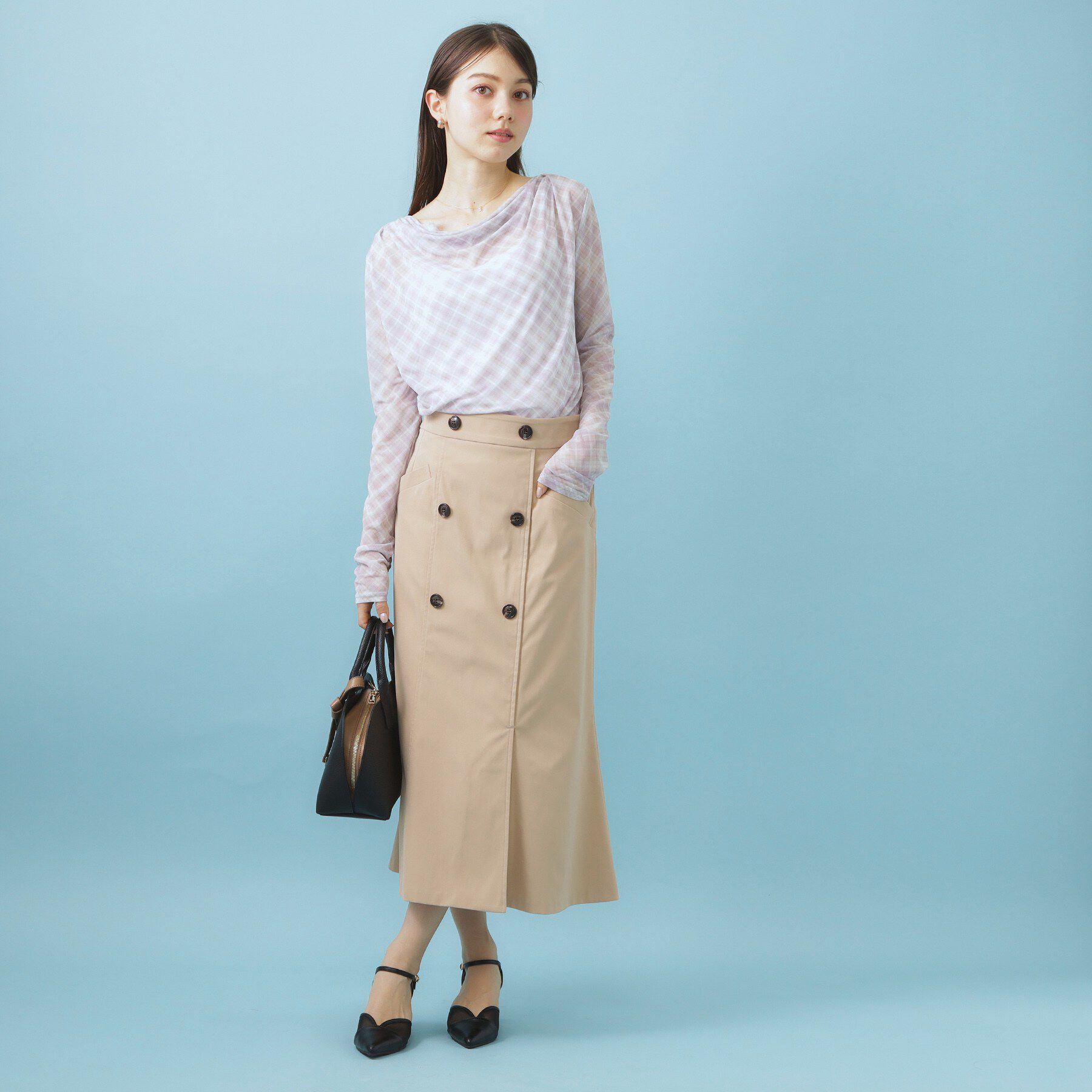 index「シアーチェックドレープネックトップス【洗濯機OK】」|Tシャツ・カットソー|