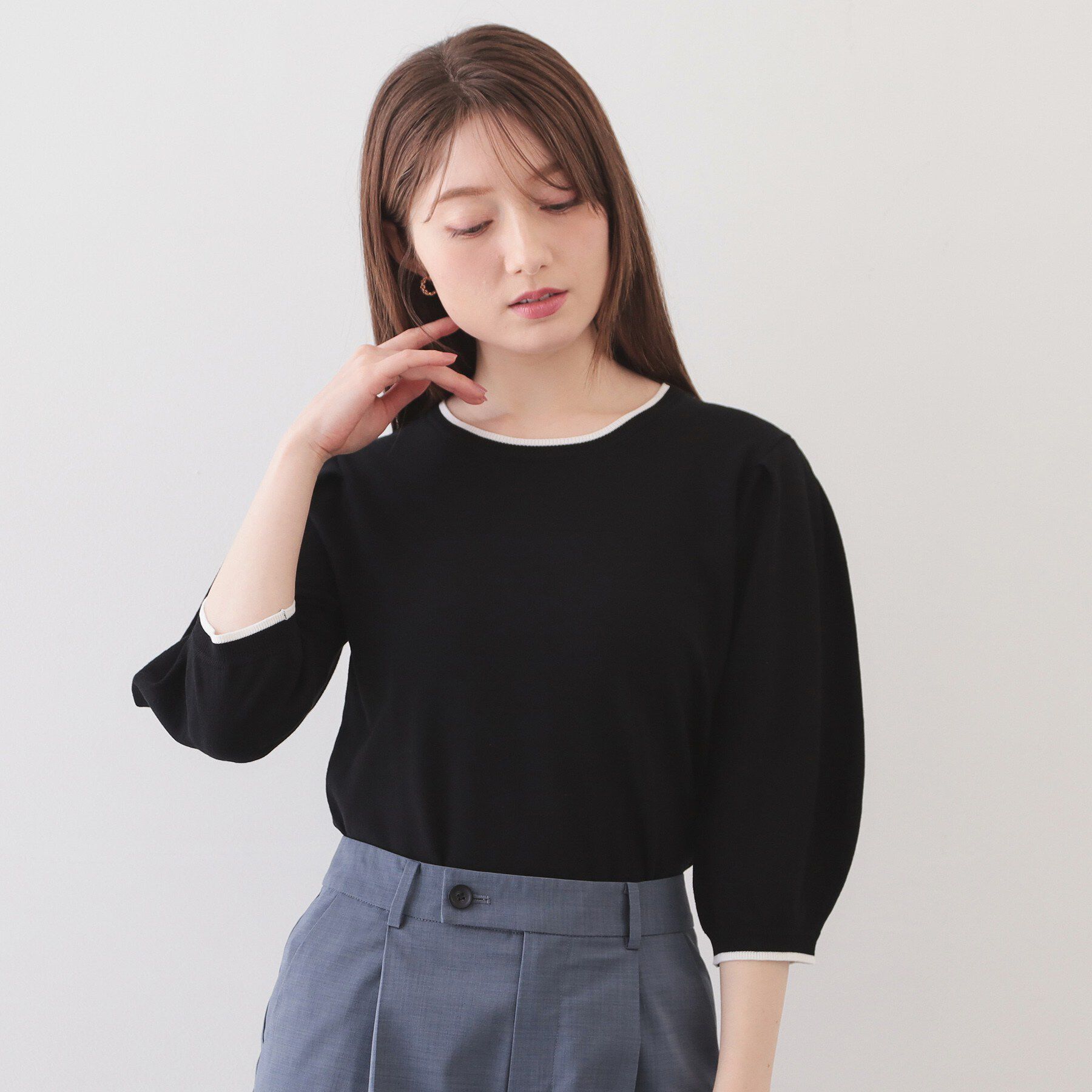 index「6分袖タックスリーブニット【洗濯機OK/UVケア】《XS～LL/9col》」|ニット・セーター|ブラック(519)