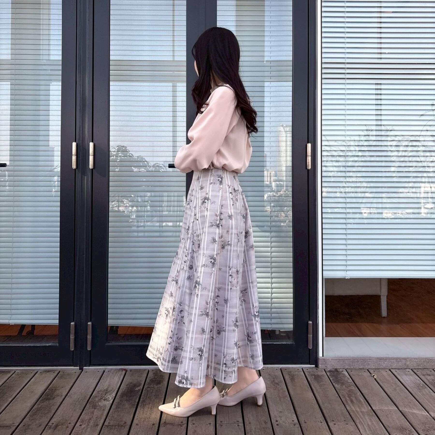 Couture broach「【洗える・着映え】シアーチェック フラワープリント スカート」|スカート|