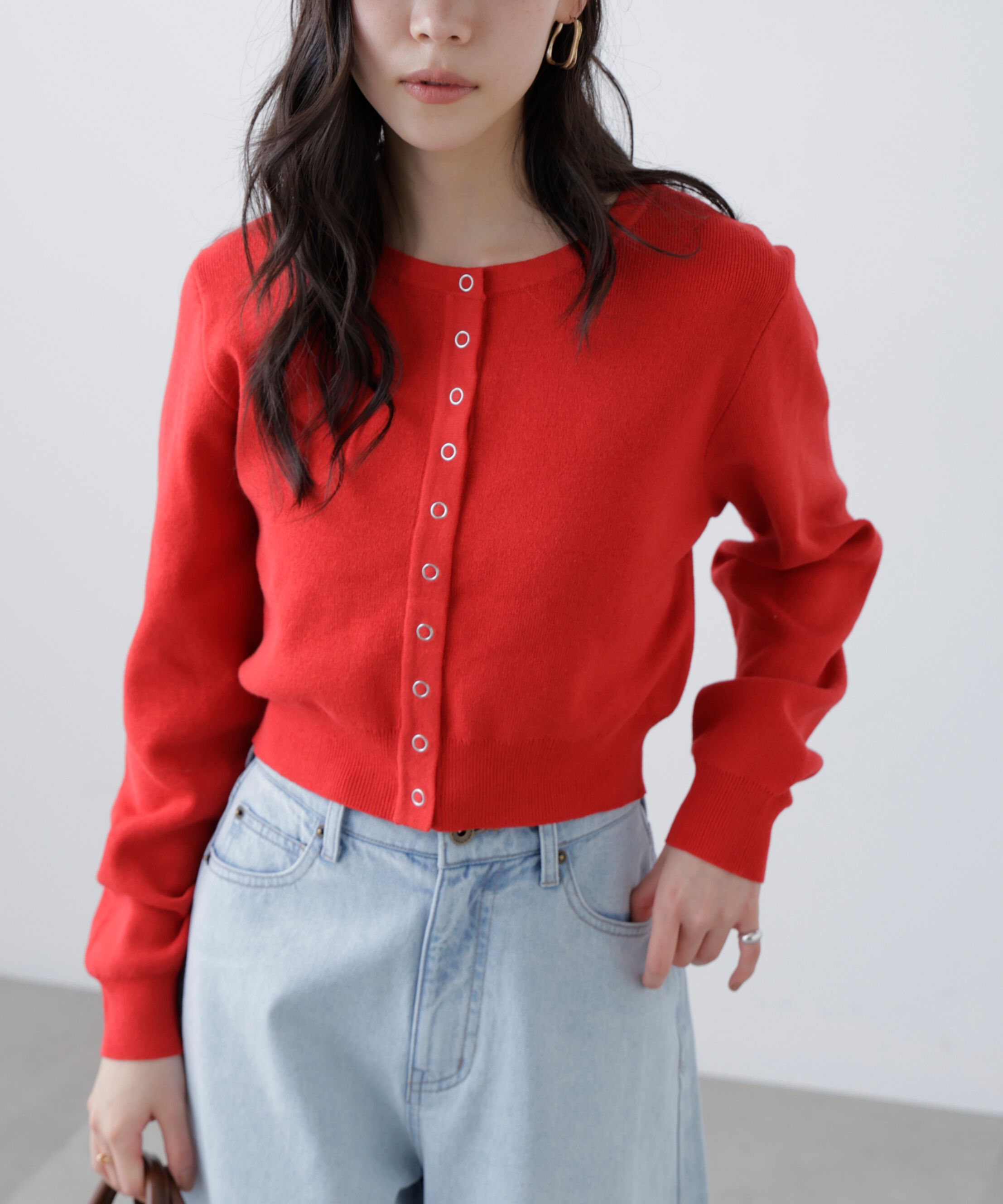  「リングドットボタンクルーネックニットカーディガン」|ニット・セーター|レッド