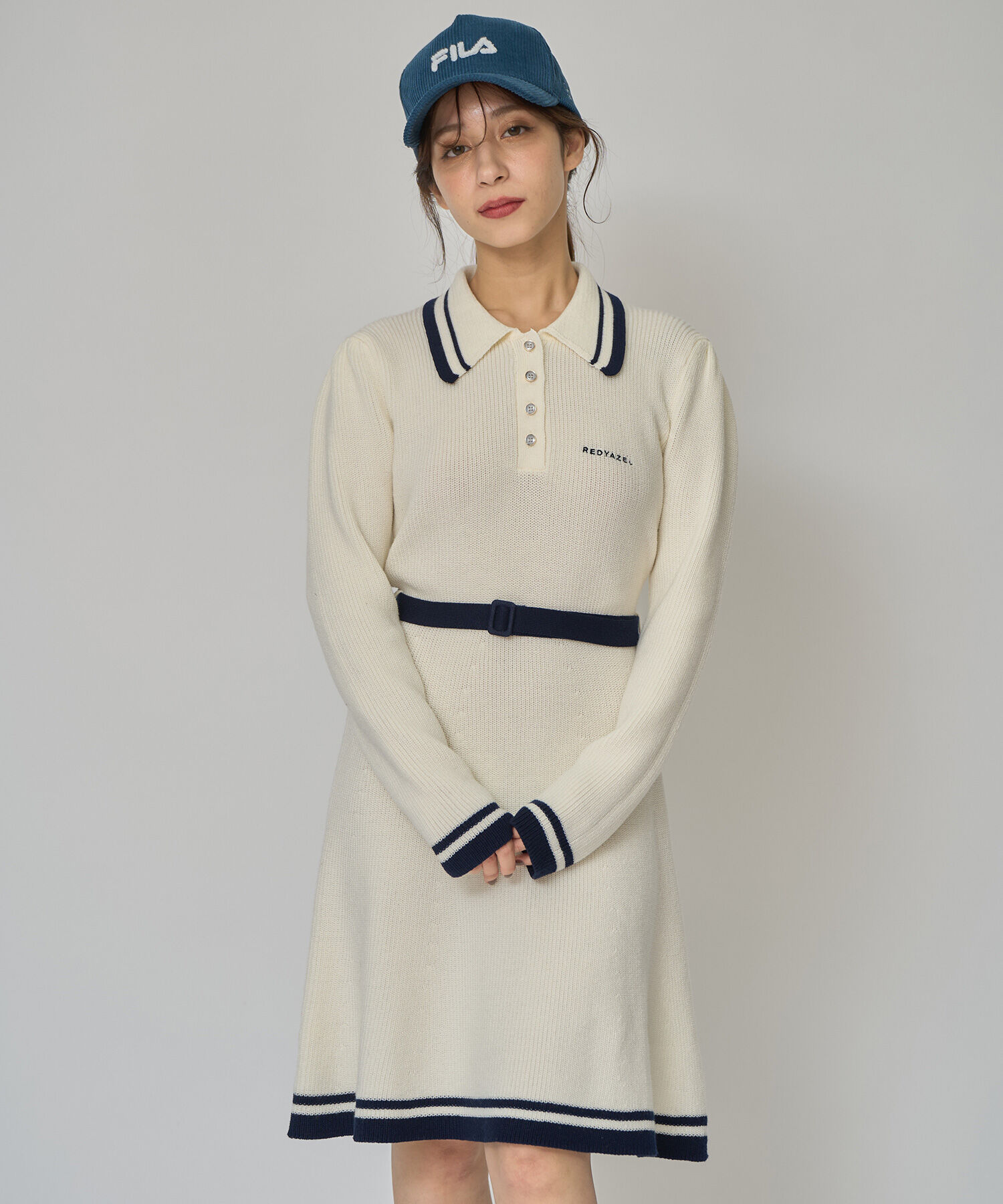 REDYAZEL「バイカラーポロニットロングスリーブミニワンピース」|ワンピース|オフ