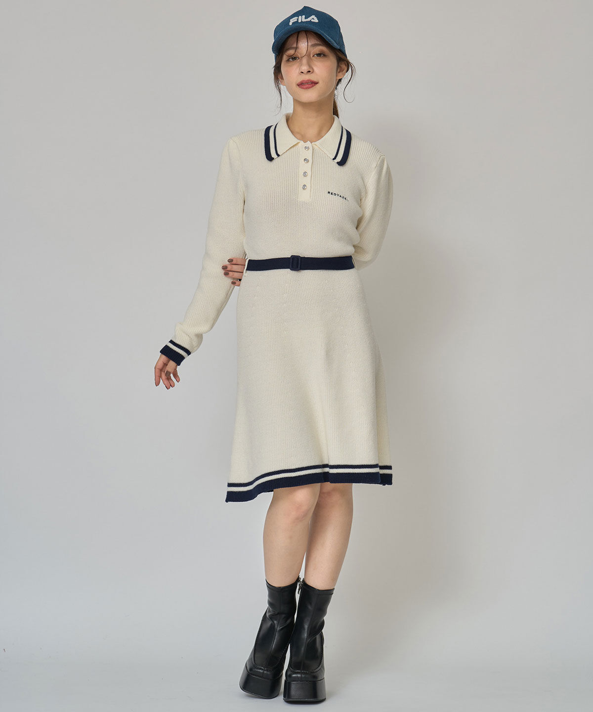REDYAZEL「バイカラーポロニットロングスリーブミニワンピース」|ワンピース|
