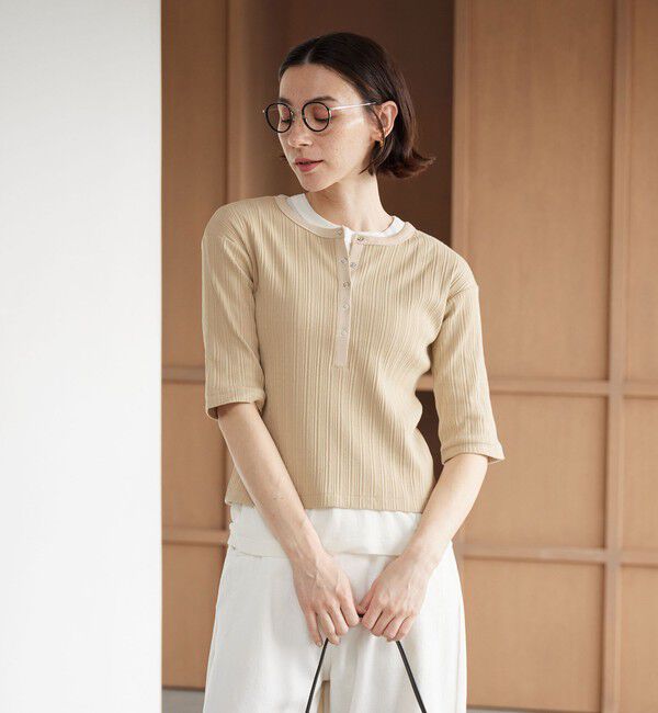 BEAUTY&YOUTH UNITED ARROWS「【WEB限定】ランダムリブ ヘンリーネック スナップ 5分袖Tシャツ」|Tシャツ・カットソー|