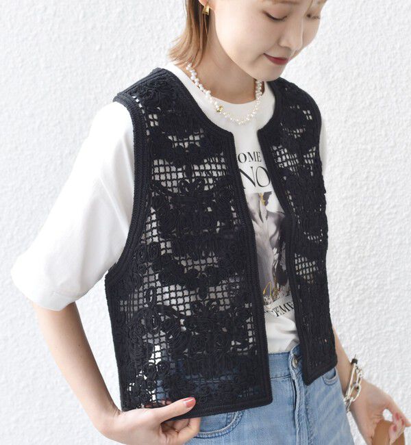 SHIPS for women「〈手洗い可能〉エンブロイダリー ニット ショート ベスト」|ベスト・ジレ|