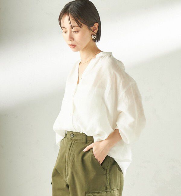 SHIPS for women「《一部追加予約》〈手洗い可能〉IMPERIAL LINEN 混 バンドカラー スキッパー シャツ」|シャツ・ブラウス|