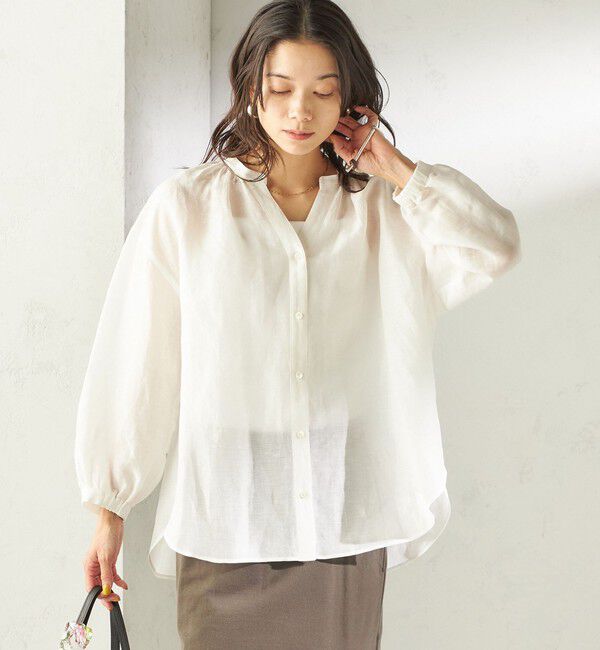 SHIPS for women「《一部追加予約》〈手洗い可能〉IMPERIAL LINEN 混 バンドカラー スキッパー シャツ」|シャツ・ブラウス|