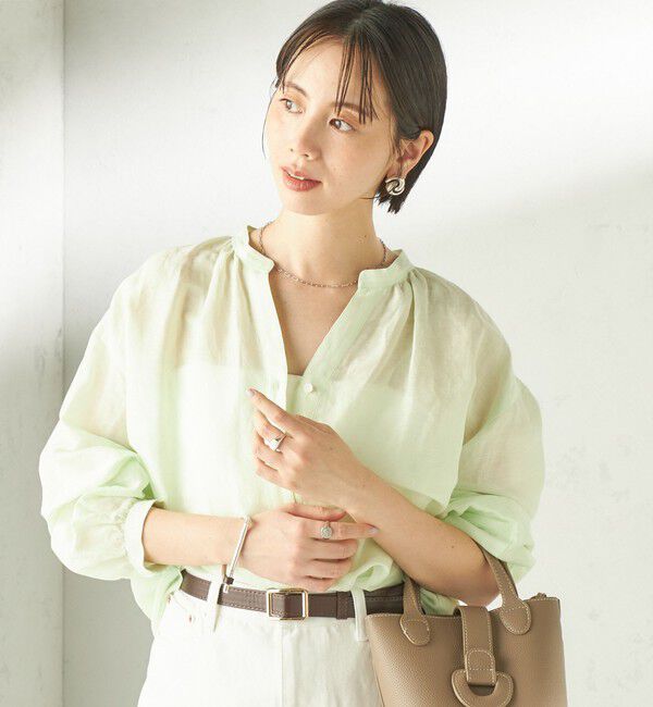 SHIPS for women「《一部追加予約》〈手洗い可能〉IMPERIAL LINEN 混 バンドカラー スキッパー シャツ」|シャツ・ブラウス|ミント