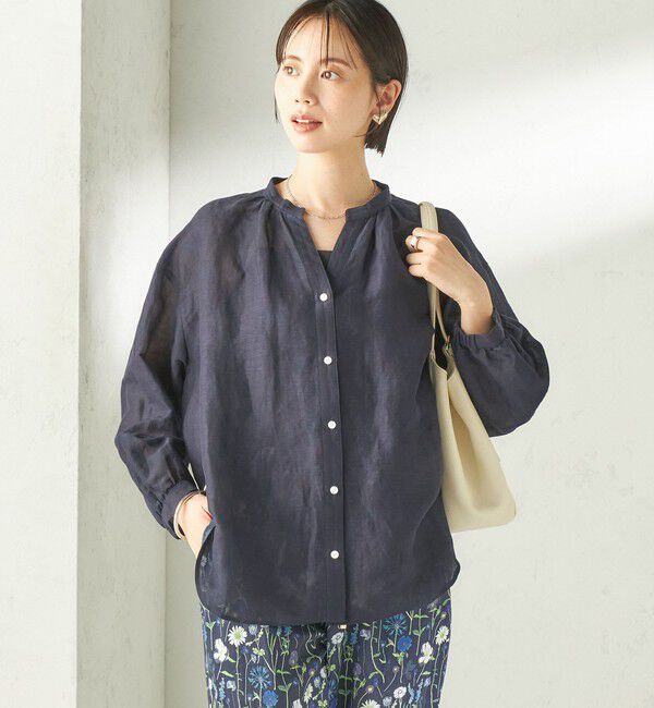 SHIPS for women「《一部追加予約》〈手洗い可能〉IMPERIAL LINEN 混 バンドカラー スキッパー シャツ」|シャツ・ブラウス|