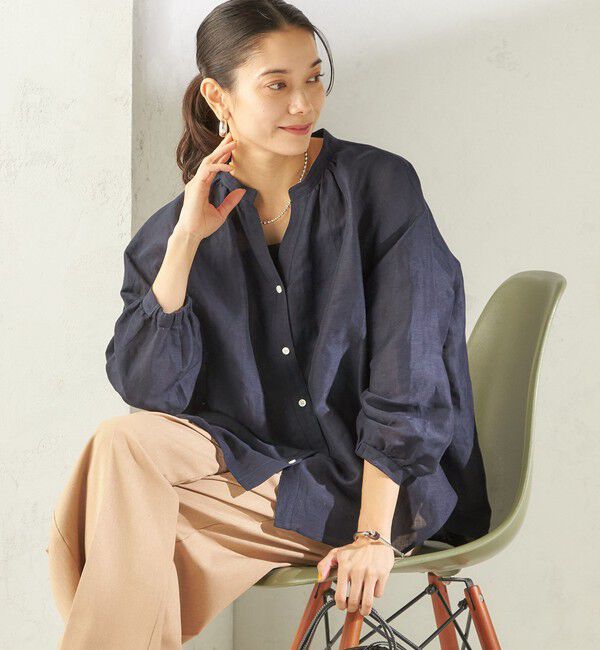 SHIPS for women「《一部追加予約》〈手洗い可能〉IMPERIAL LINEN 混 バンドカラー スキッパー シャツ」|シャツ・ブラウス|