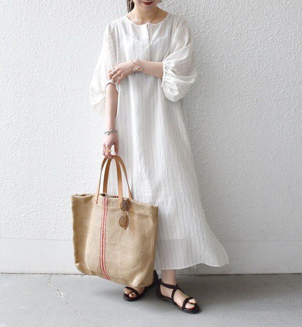 SHIPS any「《予約》SHIPS any:〈洗濯機可能〉リネン ミックス ボリューム スリーブ ワンピース」|ワンピース|オフホワイト