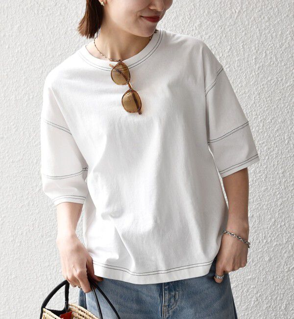 SHIPS any「《予約》SHIPS any:〈抗菌防臭/洗濯機可能〉USAコットン 配色 ステッチ ワイド TEE」|Tシャツ・カットソー|