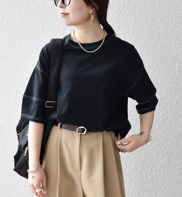 SHIPS any「《予約》SHIPS any:〈抗菌防臭/洗濯機可能〉USAコットン 配色 ステッチ ワイド TEE」|Tシャツ・カットソー|ブラック