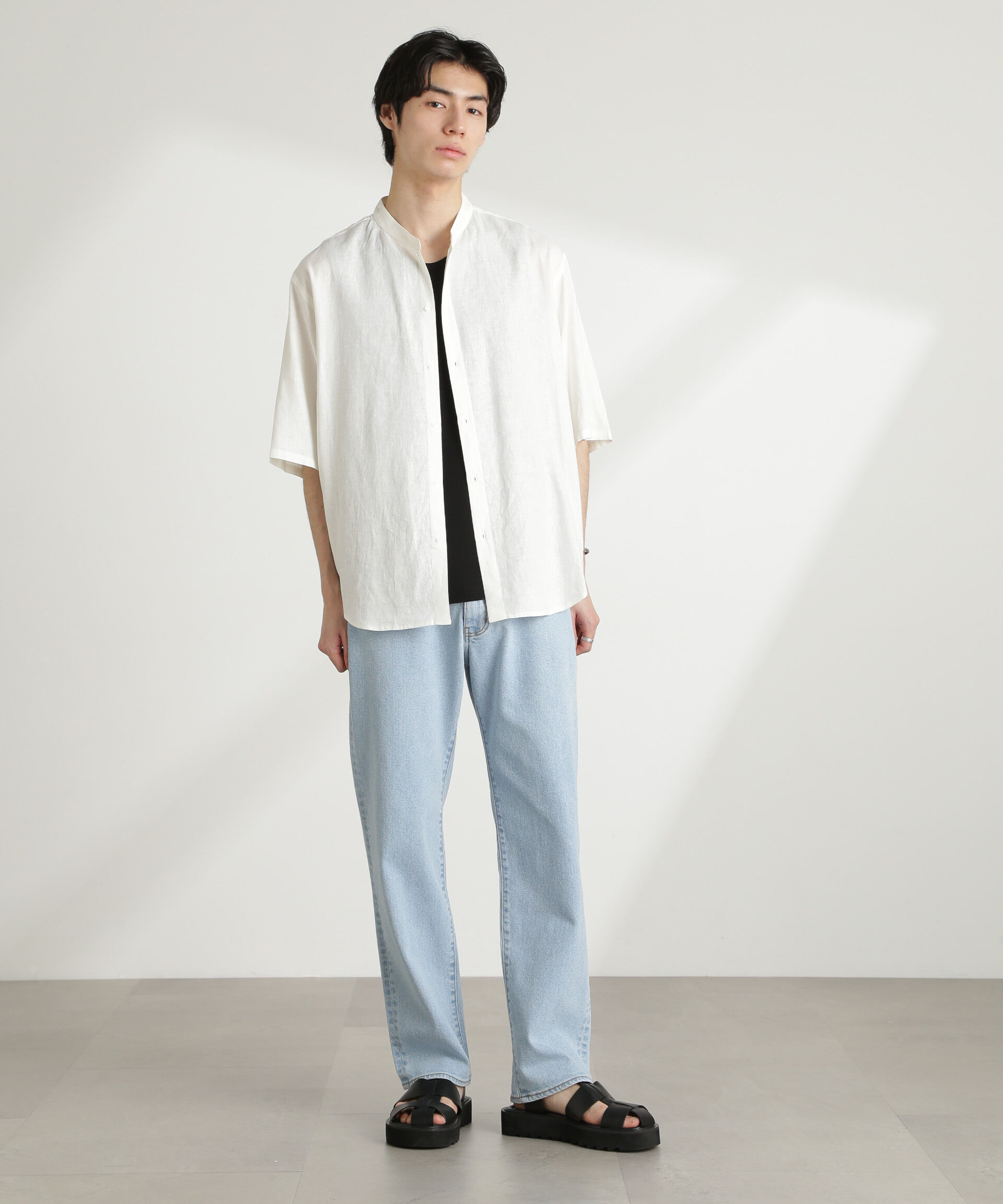 nano･universe「アンチスメルリネン バンドカラーシャツ 半袖」|シャツ・ブラウス|