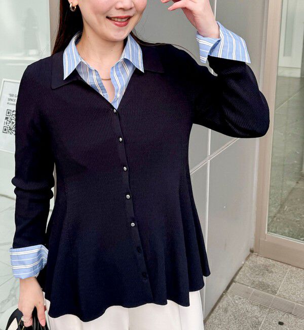 NOLLEY'S sophi「《手洗い可能》リブフレアスキッパーポロ襟カーディガン」|カーディガン|ダークネイビー