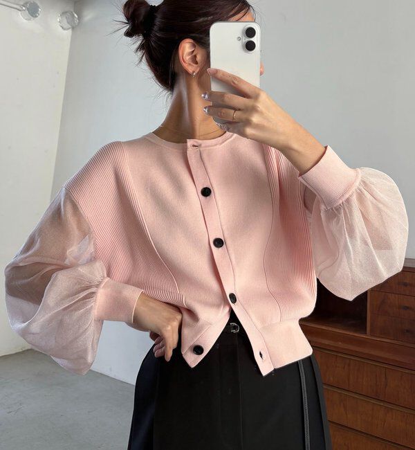  「【WEB/ルミネエスト新宿限定カラー・ピンク】シアースリーブショートカーディガン」|カーディガン|ピンク