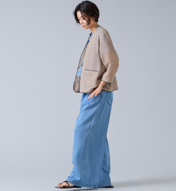 Liesse「麻調バイカラーメッシュジャケット」|ノーカラージャケット|