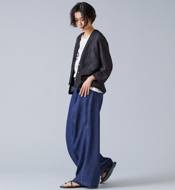 Liesse「麻調バイカラーメッシュジャケット」|ノーカラージャケット|