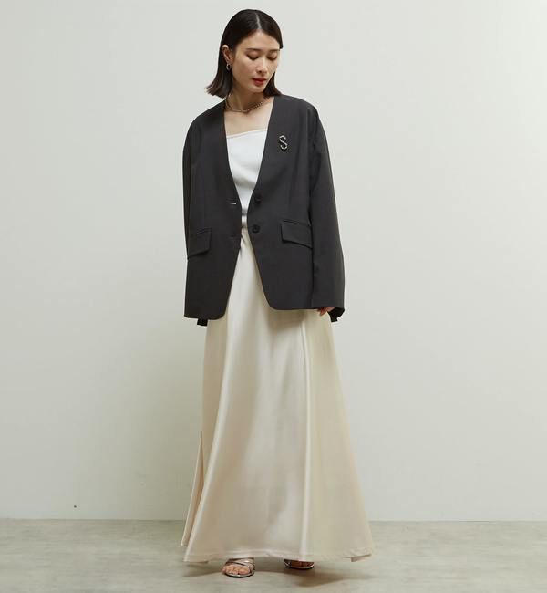 Soffitto「多機能ストレッチ素材麻混ノーカラー立体袖ジャケット」|ノーカラージャケット|