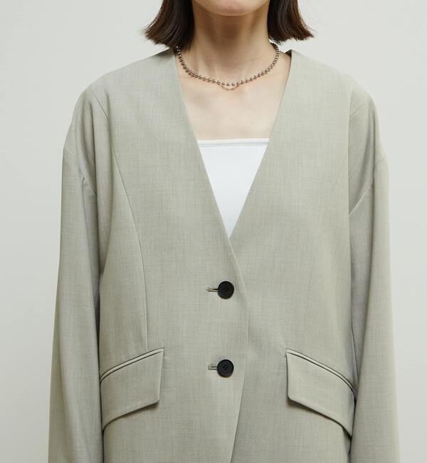 Soffitto「多機能ストレッチ素材麻混ノーカラー立体袖ジャケット」|ノーカラージャケット|