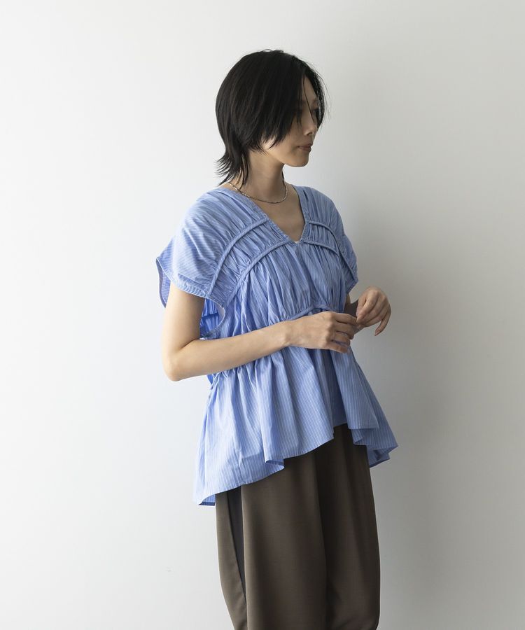 GARAGE OF GOOD CLOTHING「ストライプVネックギャザーブラウス」|シャツ・ブラウス|