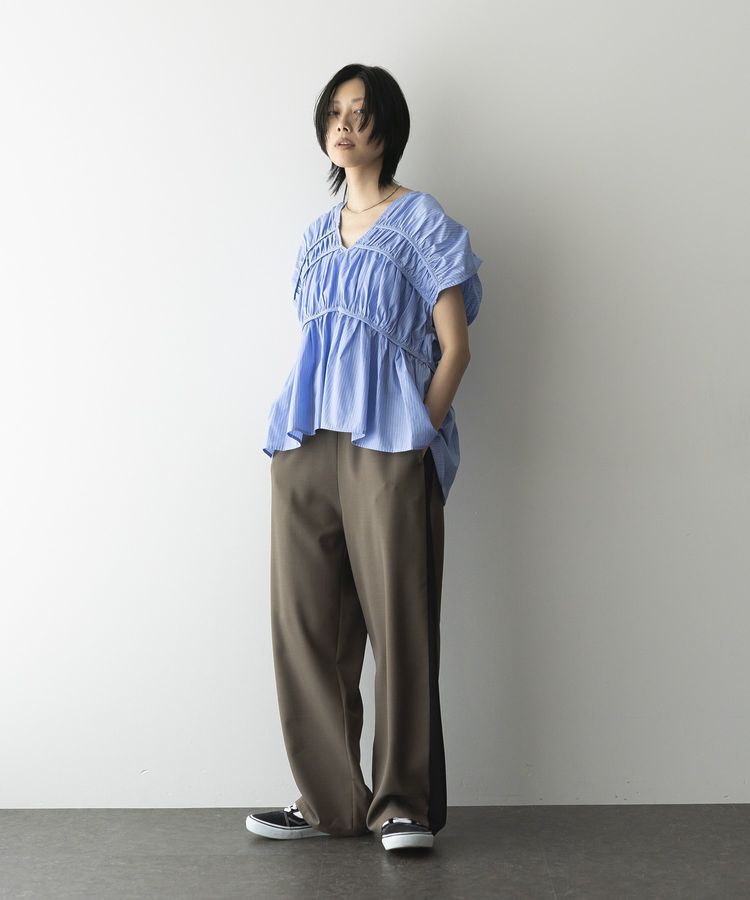 GARAGE OF GOOD CLOTHING「ストライプVネックギャザーブラウス」|シャツ・ブラウス|