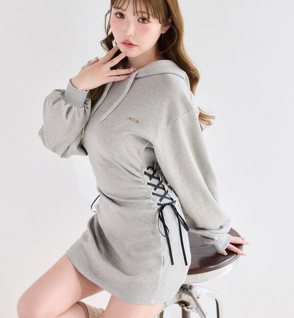  「サイドレースアップパーカーミニワンピース」|ワンピース|