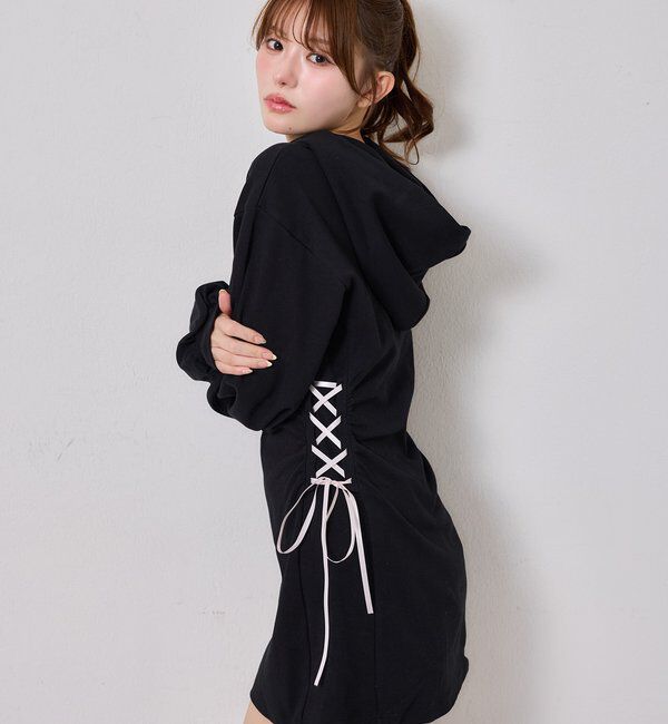  「サイドレースアップパーカーミニワンピース」|ワンピース|